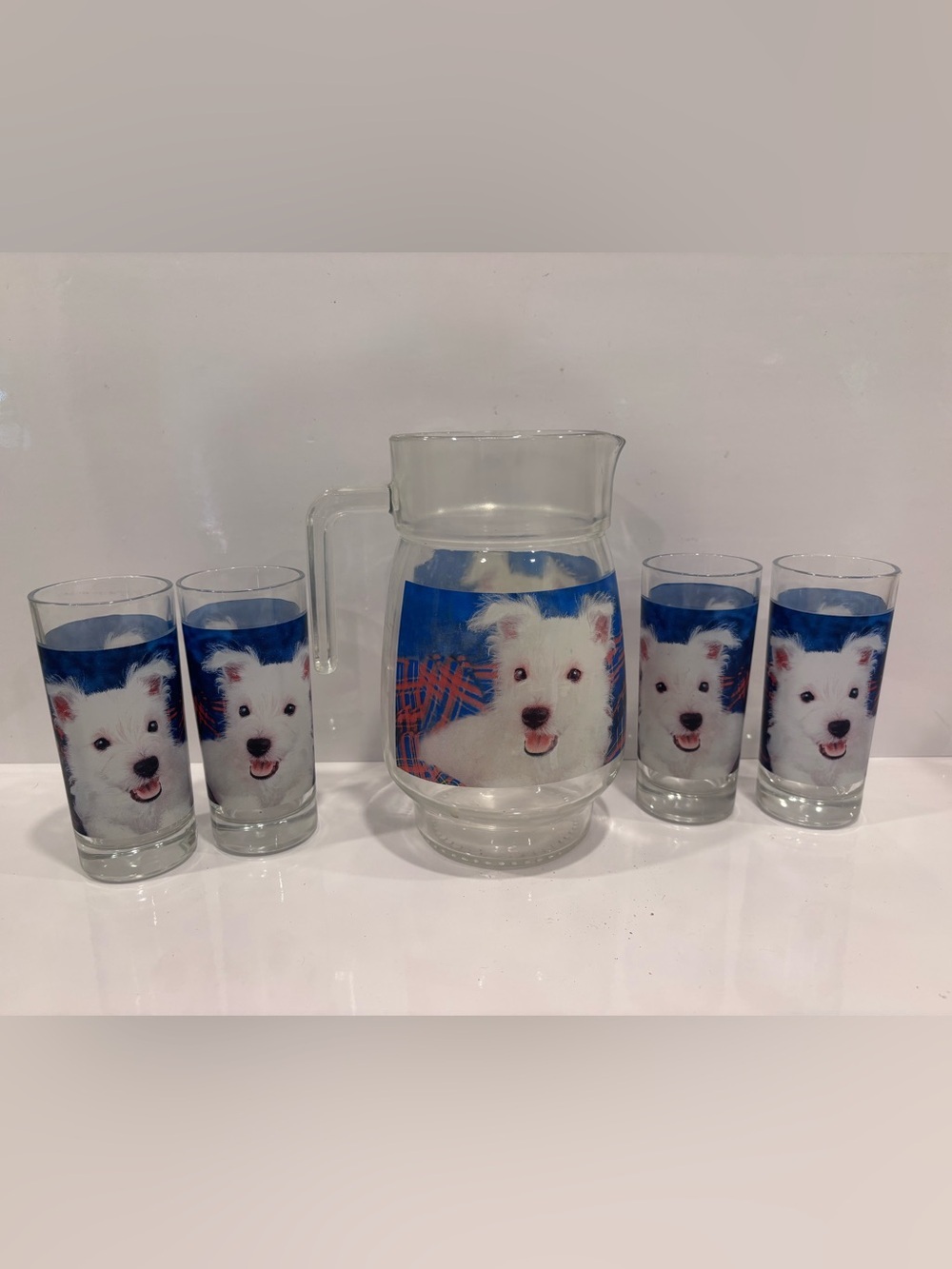 Vintage Westie Puppy Glass Pitcher & 4 Matching Glasses